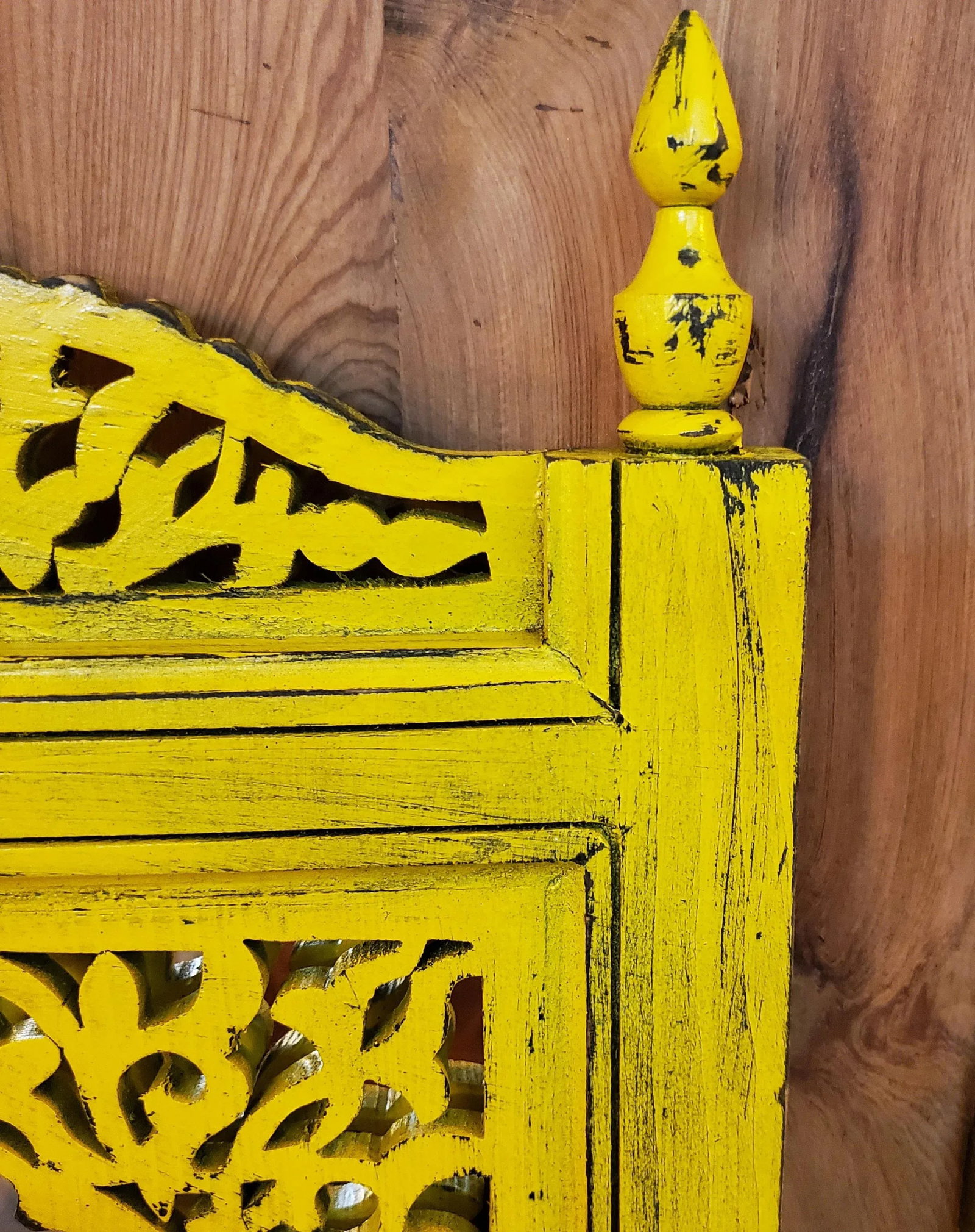 Contemporary Yellow Moroccan Hand-Carved Wooden Mirror - 5