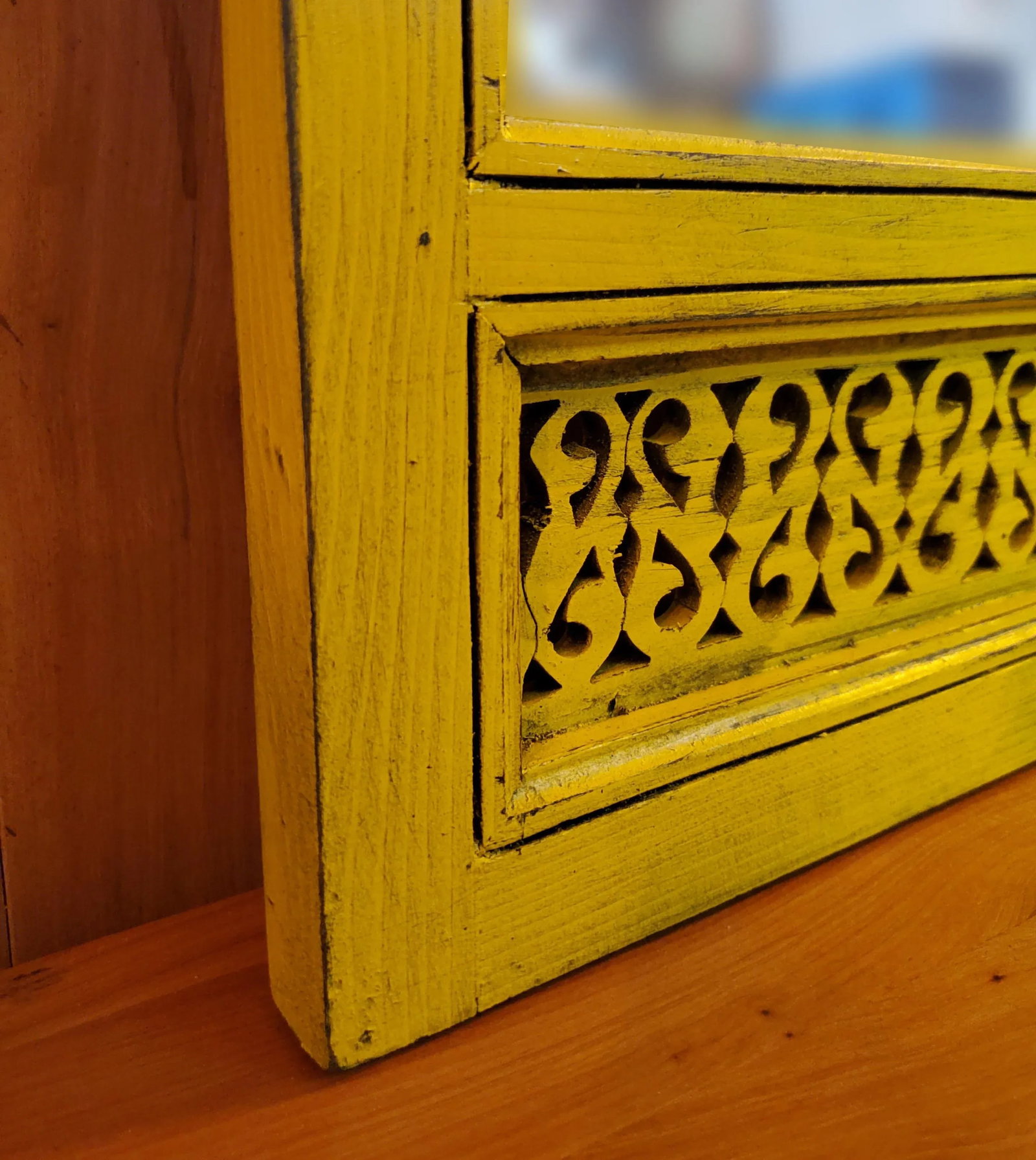 Contemporary Yellow Moroccan Hand-Carved Wooden Mirror - 6