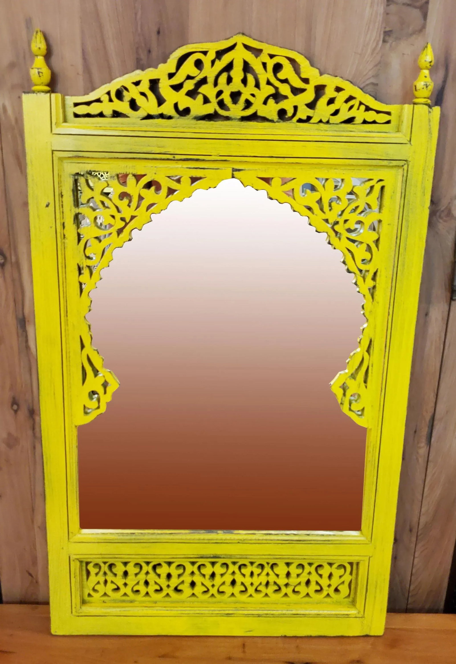 Contemporary Yellow Moroccan Hand-Carved Wooden Mirror - 8