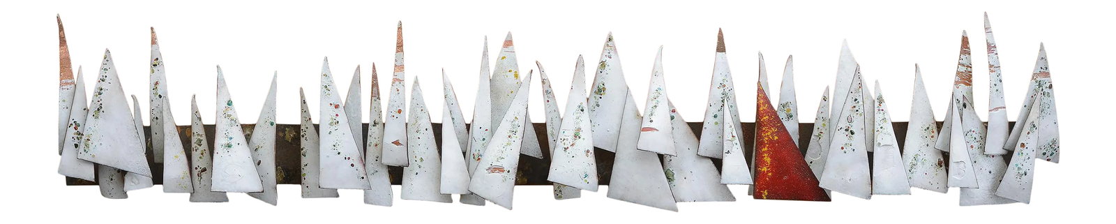 Mid Century Enamel on Copper Abstract Sailboats Wall Sculpture: Super cool mid century modern enamel on copper wall sculpture featuring sailboats in an abstract style. All pieces are white with multi-colored speckles with one exception in red with yellow