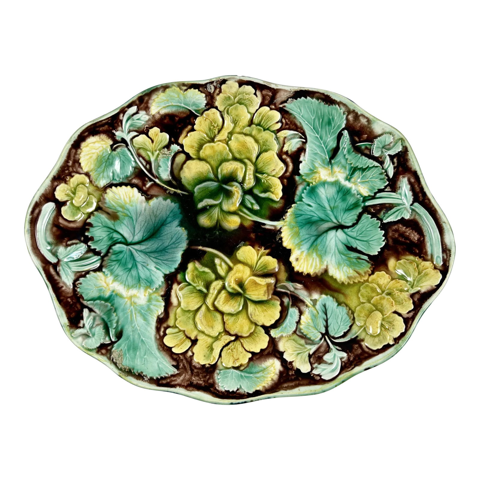Samuel Alcock & Co Palissy Majolica Geranium Floral Shallow Bowl, Circa 1850 (1 of 13)