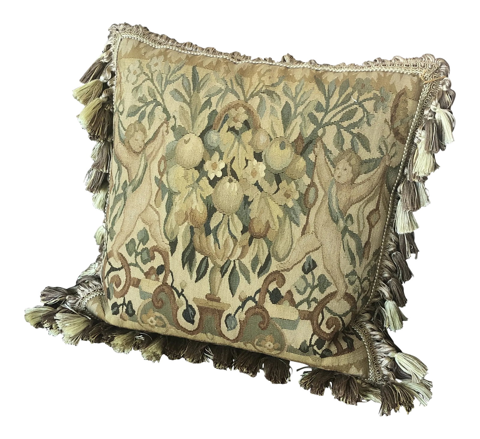 Vintage Recreated Mid 16th Century Hand-Woven Wool Tapestry Pillow: Recreated mid-16th century hand-woven 100% wool tapestry pillow featuring standing cherubs in gold and green hues with velvet backing and tassel trim. Can be a great gift for Christmas. Condition: