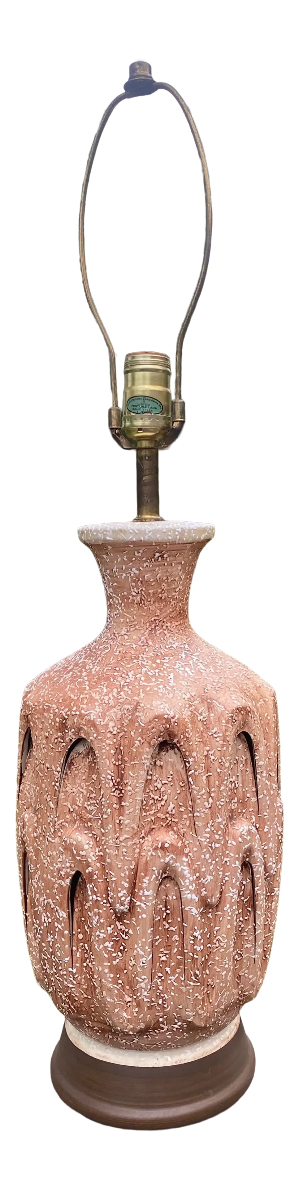 Mid-Century Plaster Table Lamp With Night Light: Vintage textured plaster lamp with night light. Glazed brown with white splatter resembles a pretzel. Lamp measures 29" to top of finial, 21" to top of socket. Condition: Alterations: Original Conditi