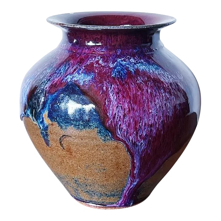 Vintage California Studio Pottery Vase in Purple Drip Glaze Over Burn Sienna (1 of 6)