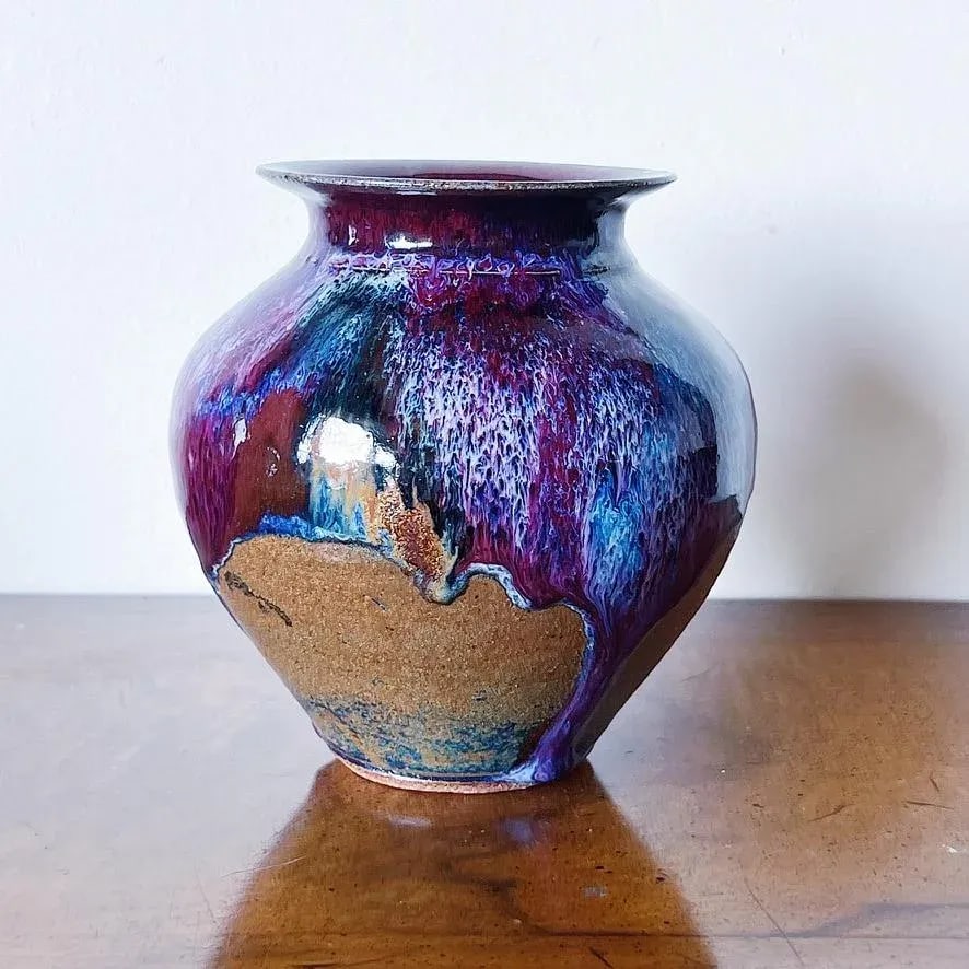 Vintage California Studio Pottery Vase in Purple Drip Glaze Over Burn Sienna - 2