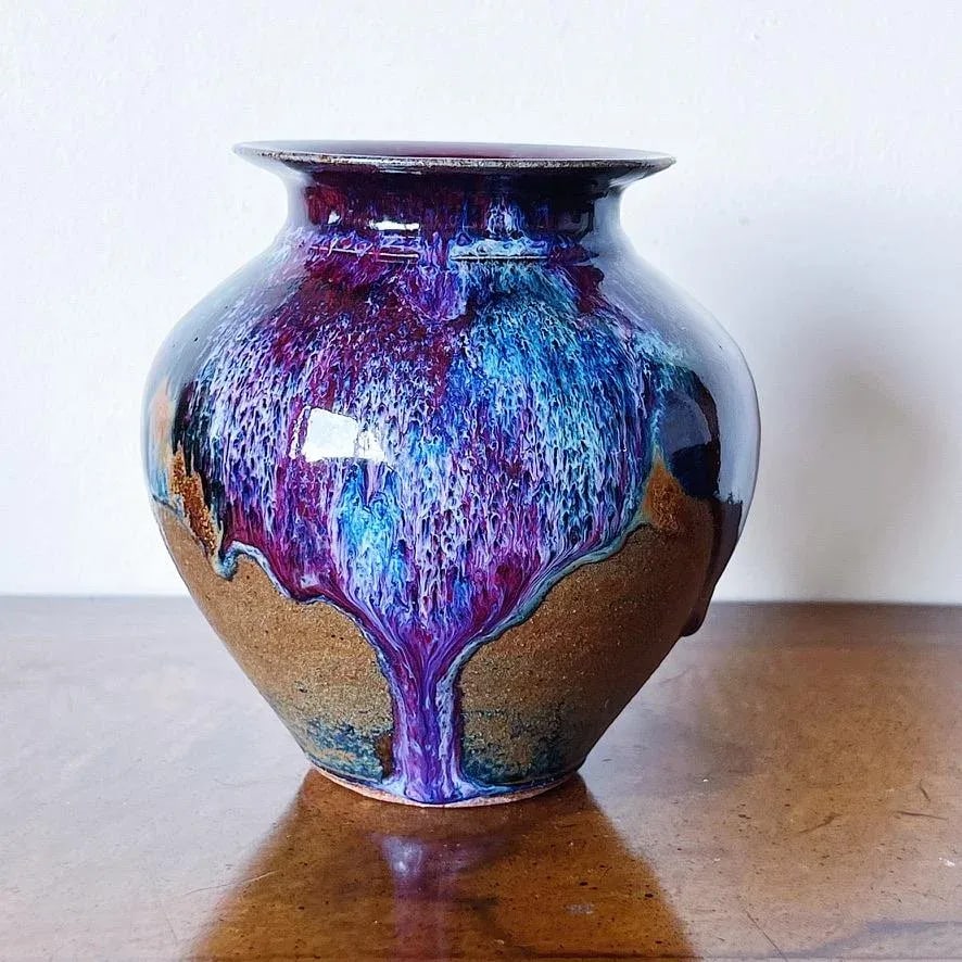 Vintage California Studio Pottery Vase in Purple Drip Glaze Over Burn Sienna - 3