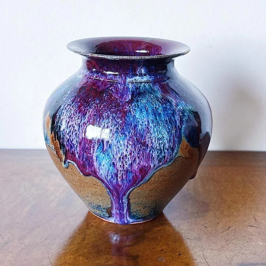 Vintage California Studio Pottery Vase in Purple Drip Glaze Over Burn Sienna - 4