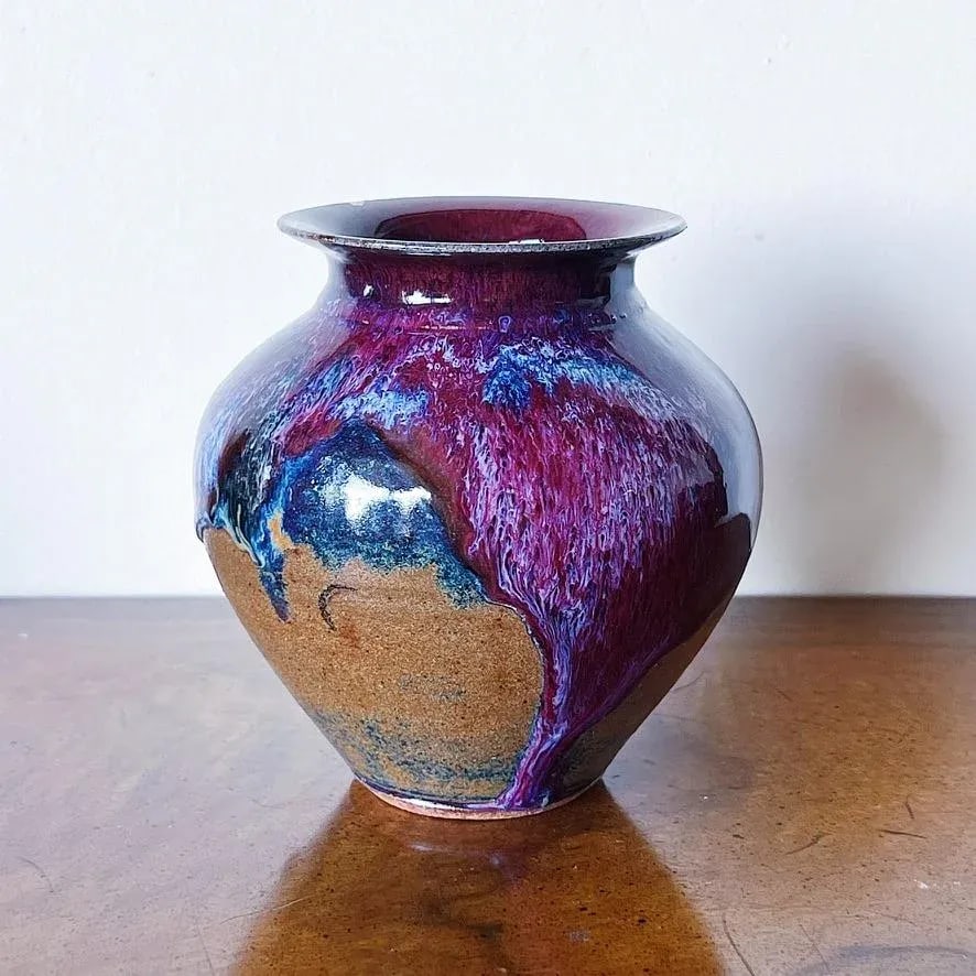 Vintage California Studio Pottery Vase in Purple Drip Glaze Over Burn Sienna - 6