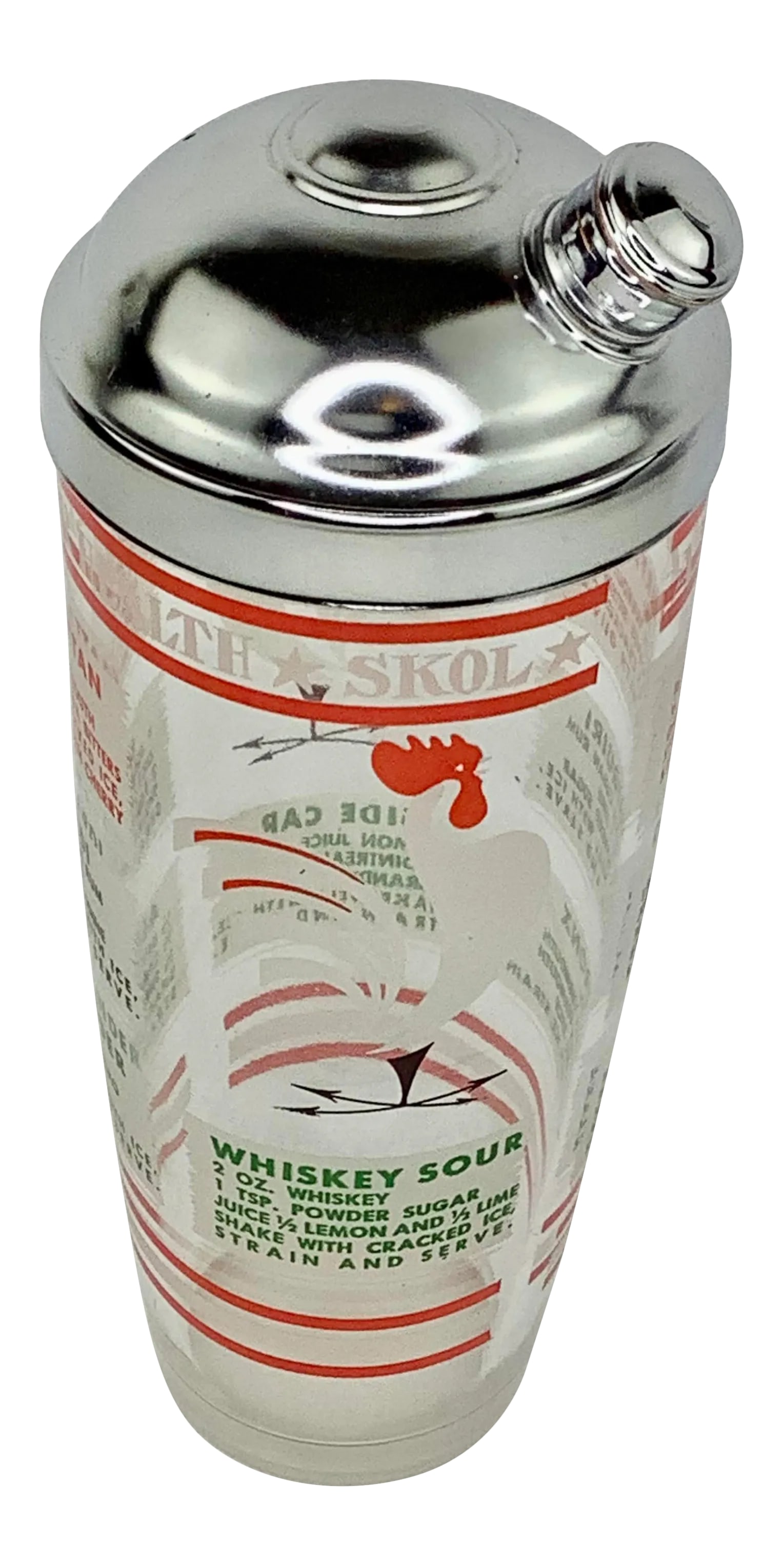 Vintage Hazel Atlas Rooster Recipe Cocktail Shaker: Vintage Hazel Atlas Cocktail Shaker decorated with roosters and recipes for classic cocktails, with Cheers greetings in different languages "A Votre Sante," "Salud," "Skol," and "To Your Health." Meas