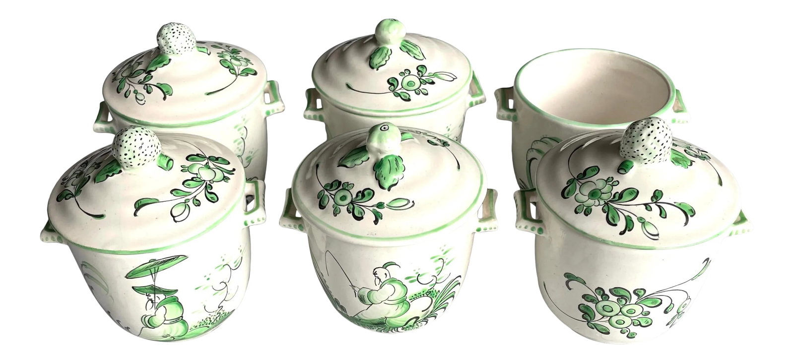 Vintage Chinoiserie Painted French Pot De Creme- Set of 6 (1 of 6)