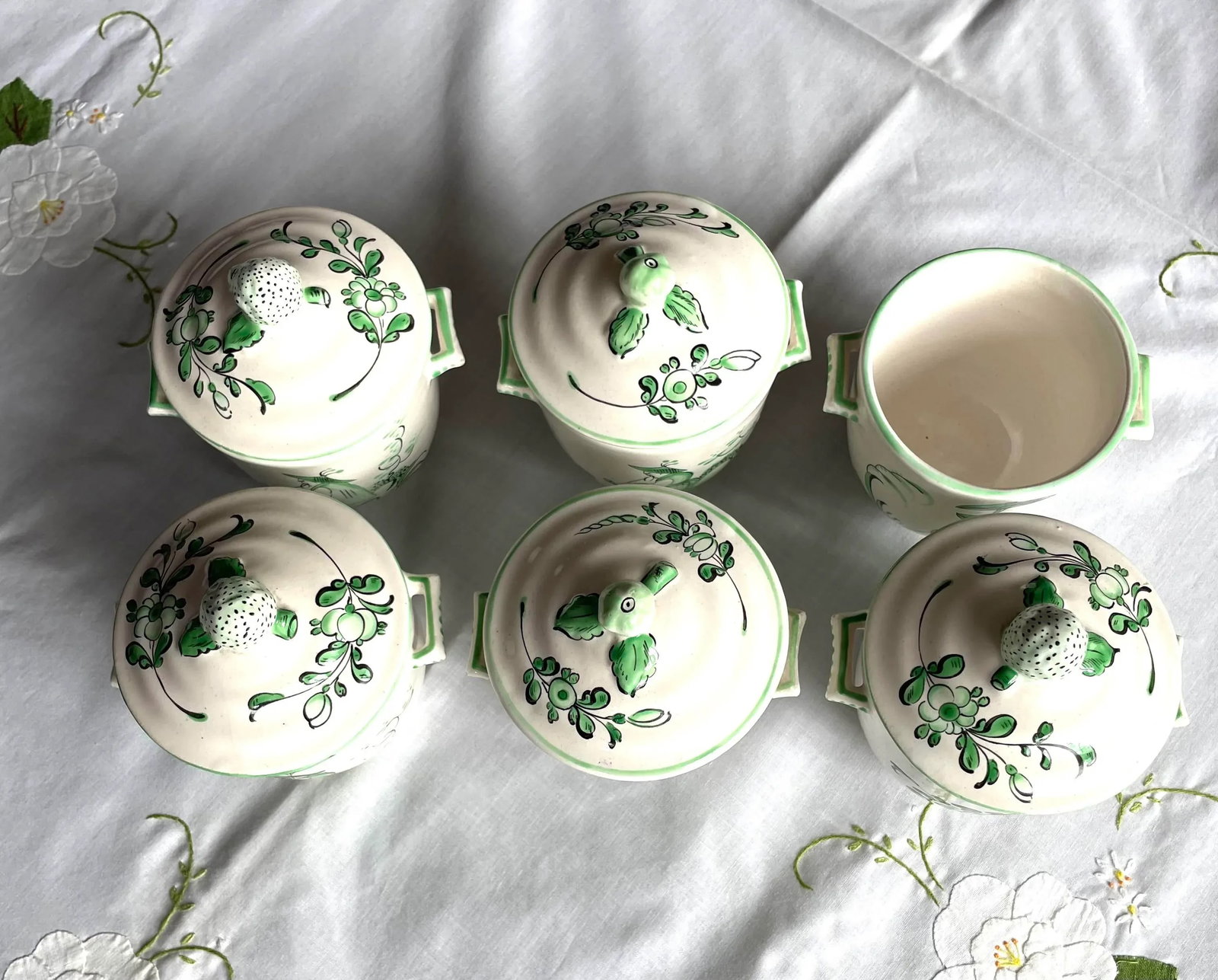 Vintage Chinoiserie Painted French Pot De Creme- Set of 6 - 2