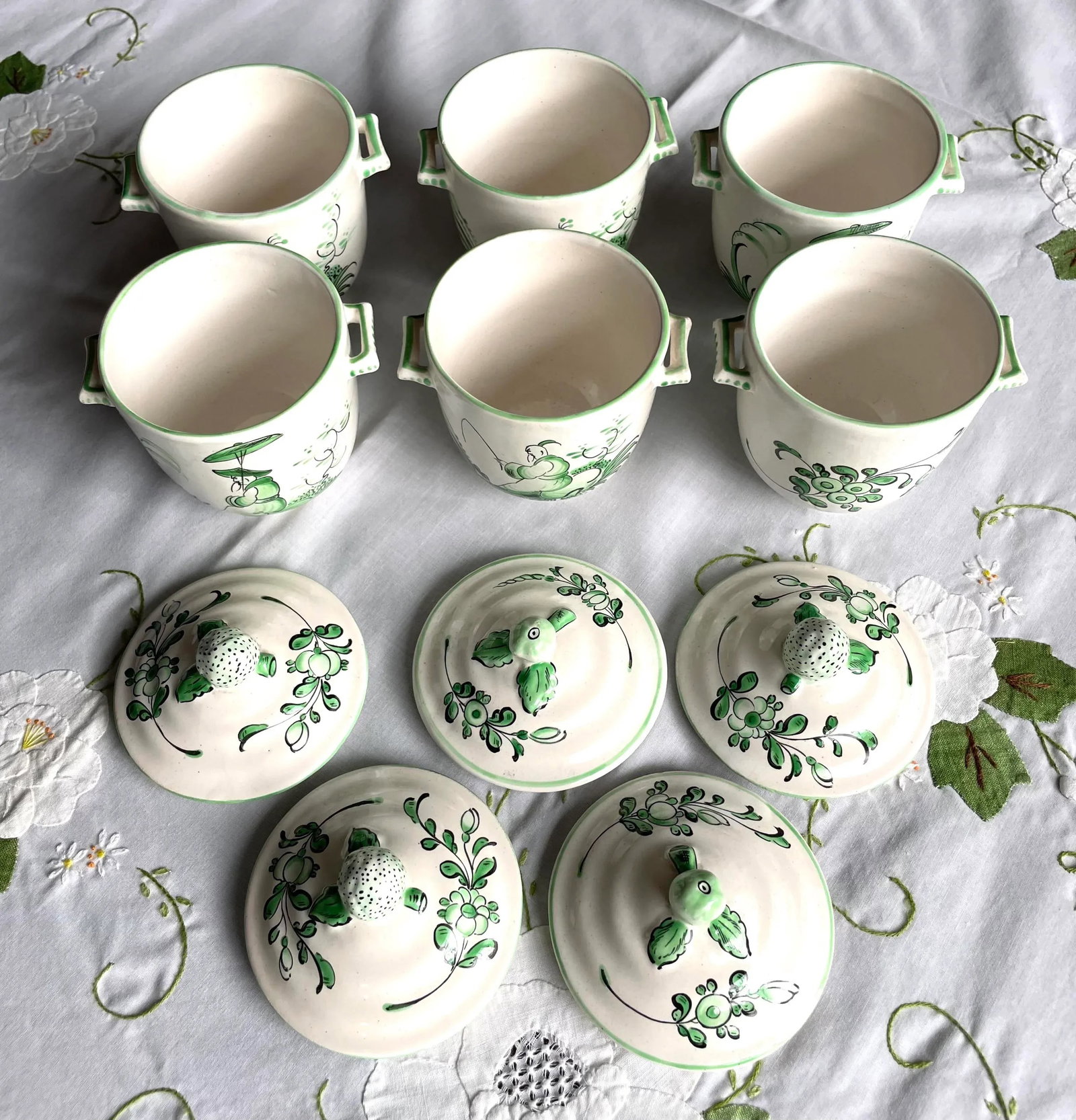 Vintage Chinoiserie Painted French Pot De Creme- Set of 6 - 3