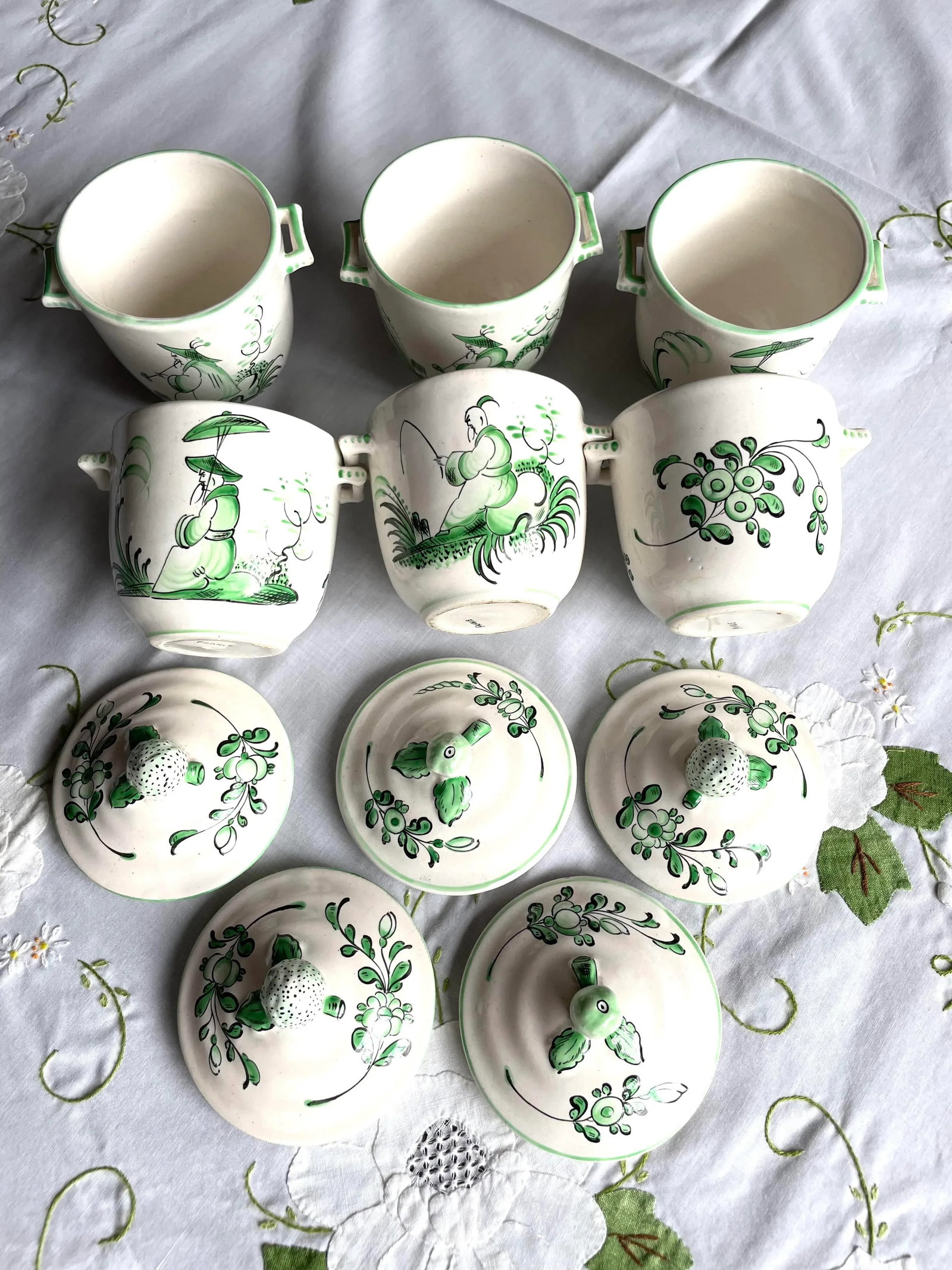 Vintage Chinoiserie Painted French Pot De Creme- Set of 6 - 4