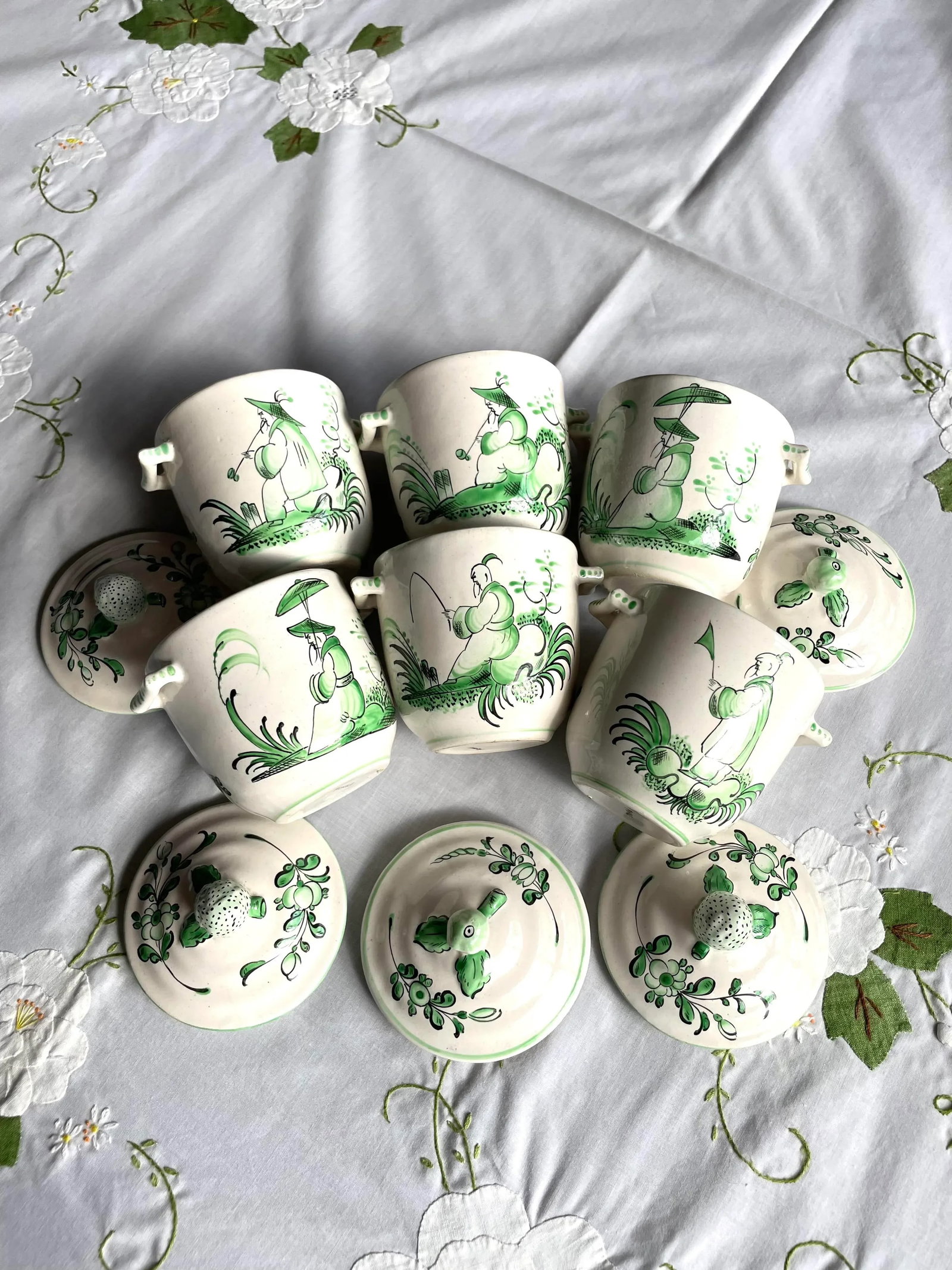 Vintage Chinoiserie Painted French Pot De Creme- Set of 6 - 5