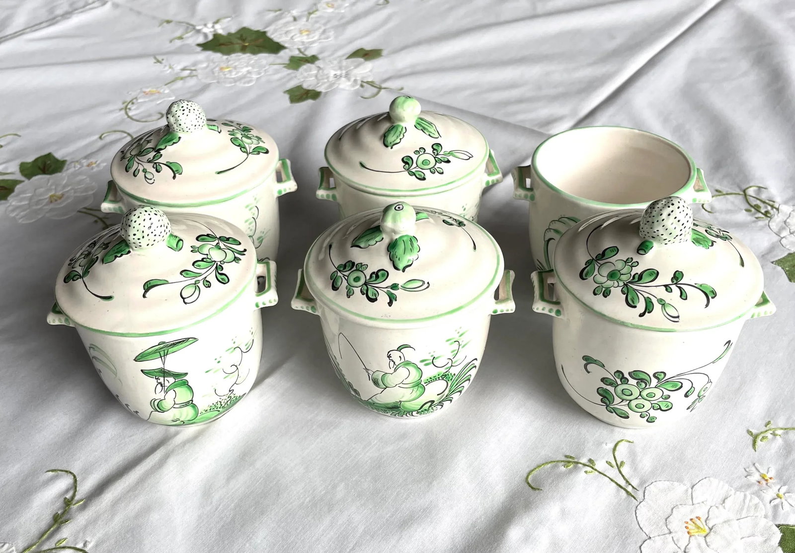 Vintage Chinoiserie Painted French Pot De Creme- Set of 6 - 6