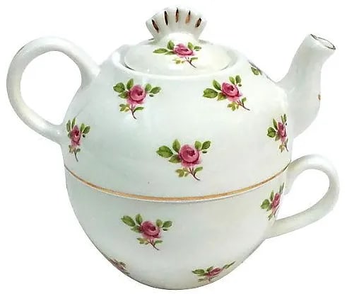 Porcelain Portable Cup & Teapot Combo: Vintage English porcelain cup and teapot combo in a floral pattern, from the Joan Rivers Estate. Hand-painted floral patterned accents. The top teapot, with a lid, separates from the bottom cup for