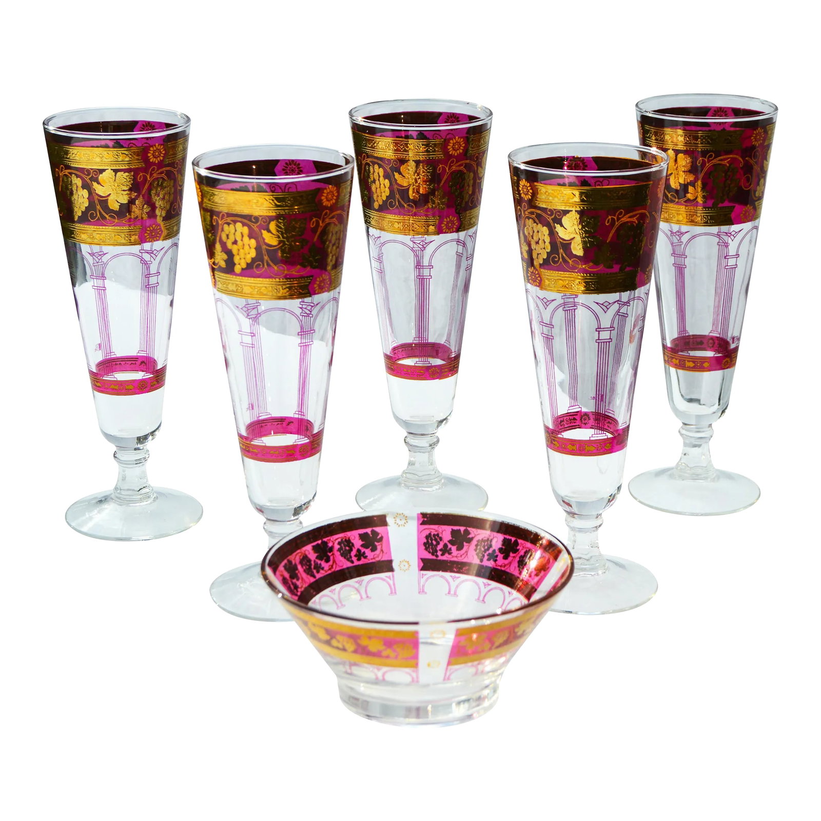Vintage Large Gold & Pink Grape-Patterned Glasses & Bowl Set- 6 Pieces: Stunning set of five midcentury tall glasses and matching Bowl hand-painted with an intricate grape pattern in pink and gold. Ornate pink rims and architectural motif. No maker's mark. Bowl: 5" W x