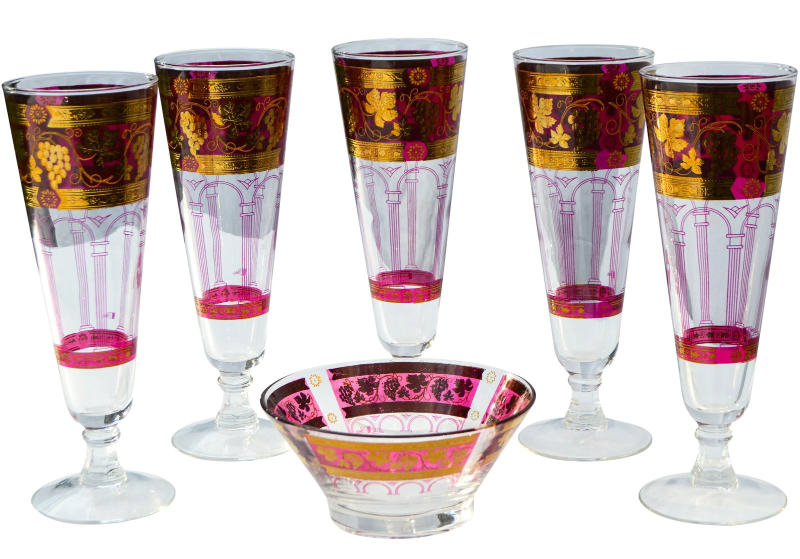 Vintage Large Gold & Pink Grape-Patterned Glasses & Bowl Set- 6 Pieces - 2