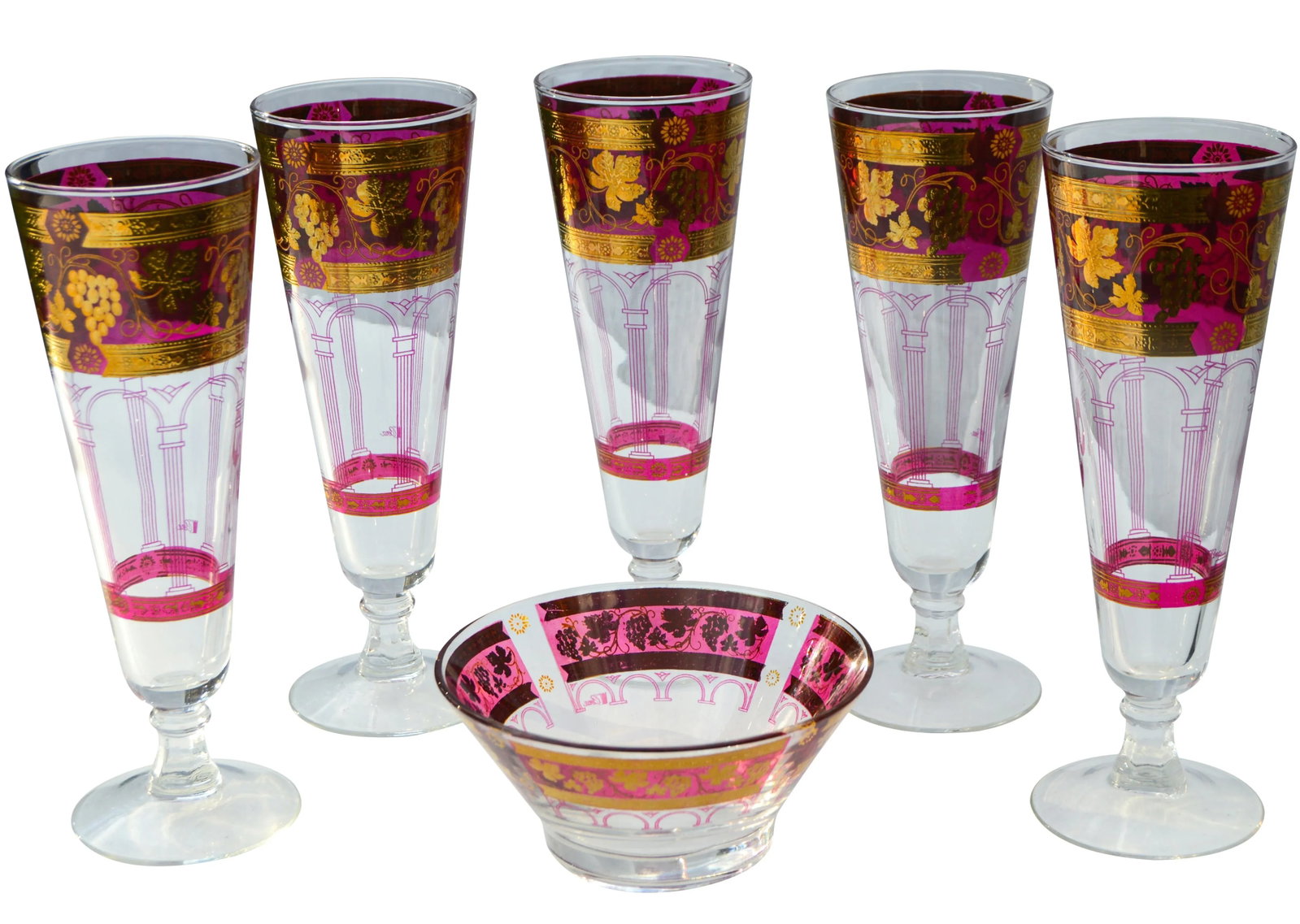 Vintage Large Gold & Pink Grape-Patterned Glasses & Bowl Set- 6 Pieces - 3