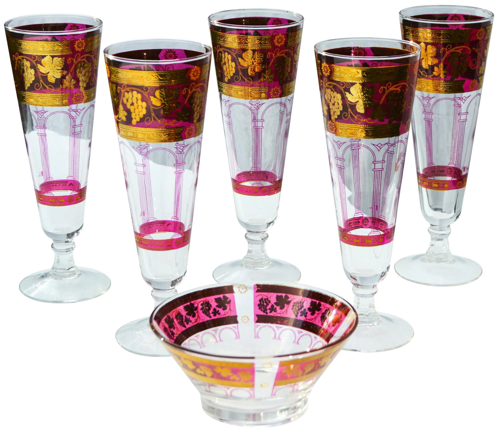 Vintage Large Gold & Pink Grape-Patterned Glasses & Bowl Set- 6 Pieces - 6