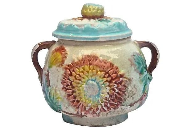 Antique Majolica Dahlia Lidded Bowl - 3
