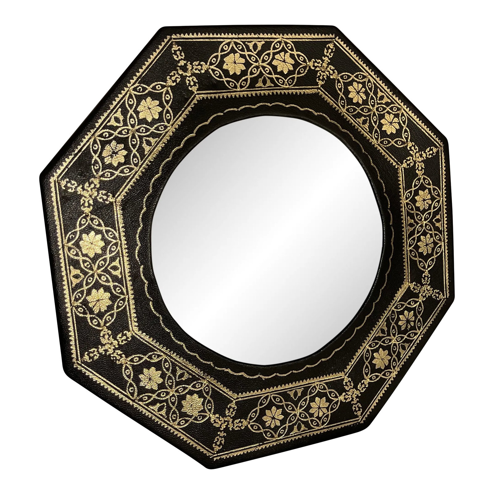 Hexagonal Gilt Leather Mirror: Antique Moroccan or Italian Gold Gilt Tooled leather hexagonal hanging mirror, great to use as a plateau stand under a decorative piece of glass as well. Condition: Alterations: Original Condition