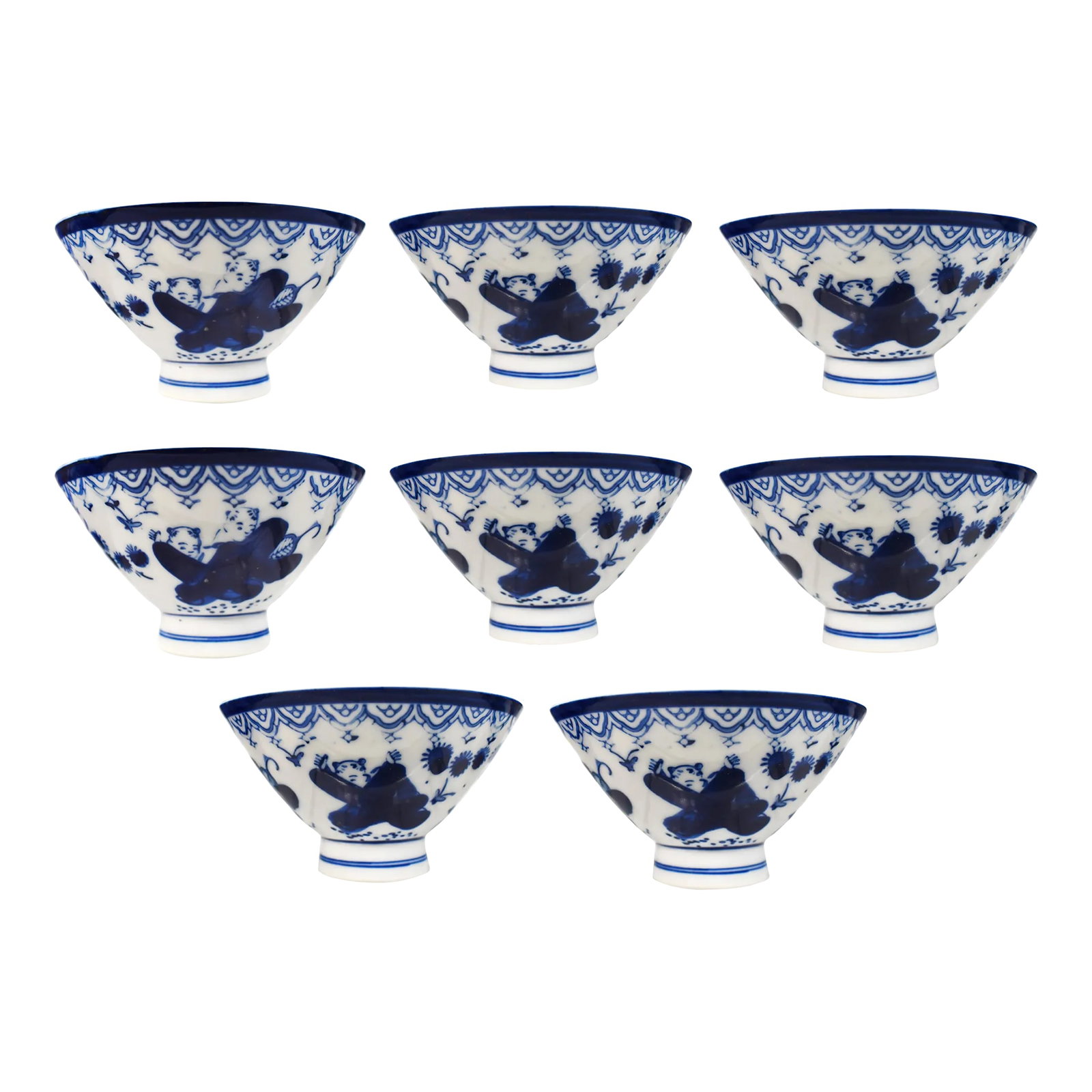 Mid-Century Sometsuke Japanese White & Blue Footed Rice Bowls - Set of 8: Stunning set of 8 Somestuke Japanese blue and white footed rice bowl featuring karako boys from 1960's - 1970's. They will enhance any serving table and excellent set to serve rice, namasu, soup