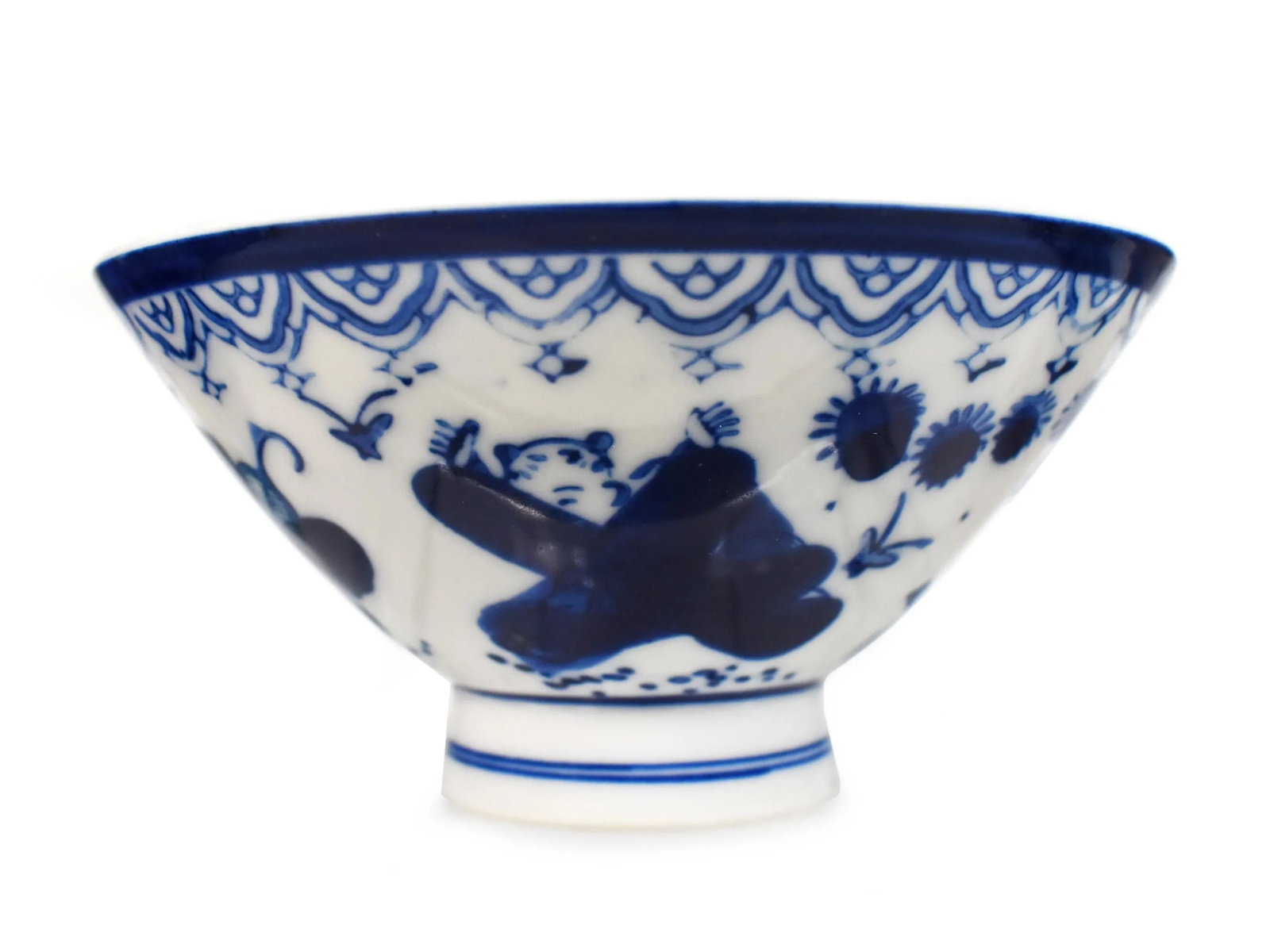 Mid-Century Sometsuke Japanese White & Blue Footed Rice Bowls - Set of 8 - 2
