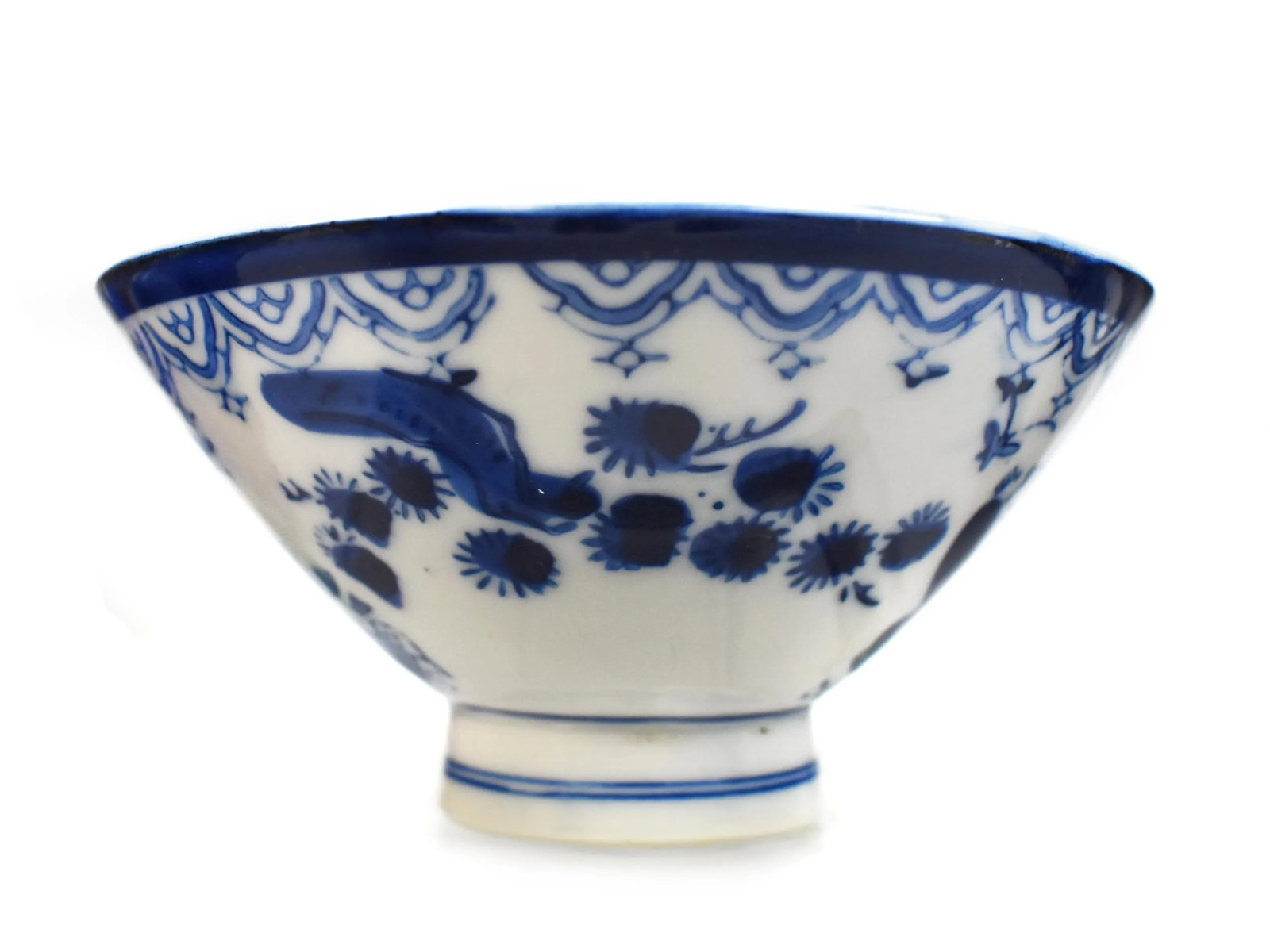 Mid-Century Sometsuke Japanese White & Blue Footed Rice Bowls - Set of 8 - 3