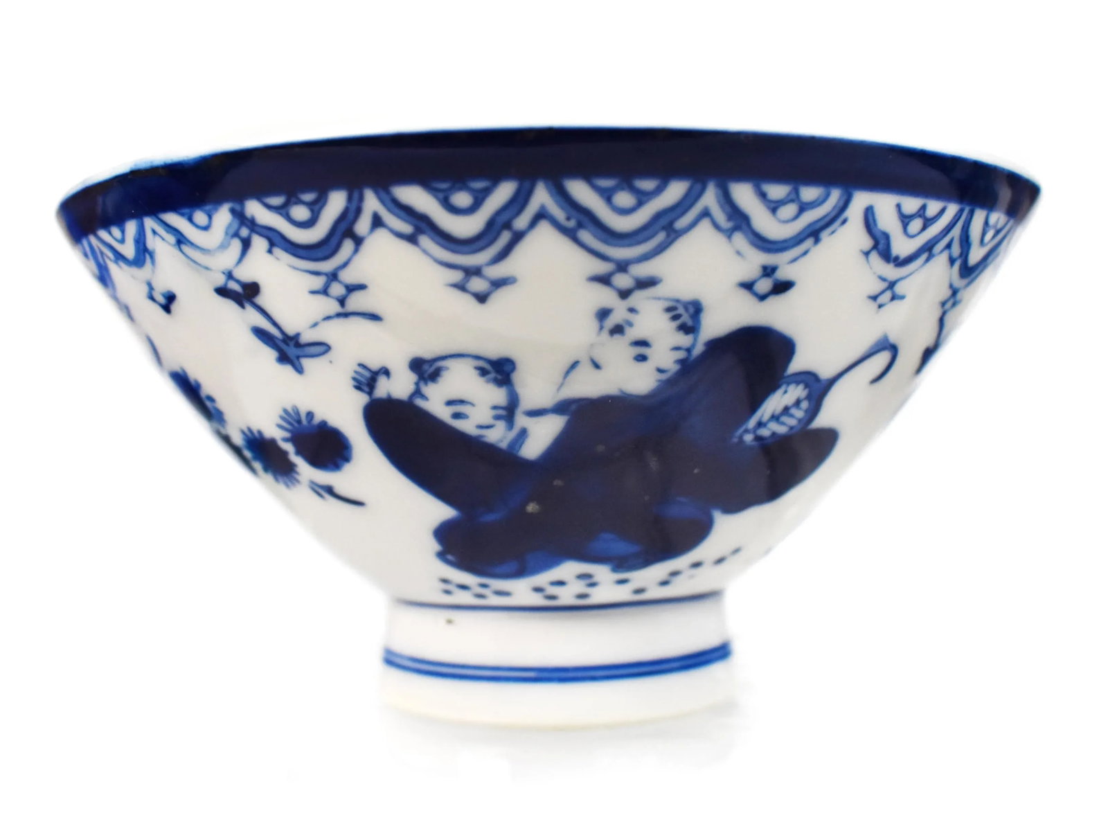 Mid-Century Sometsuke Japanese White & Blue Footed Rice Bowls - Set of 8 - 4