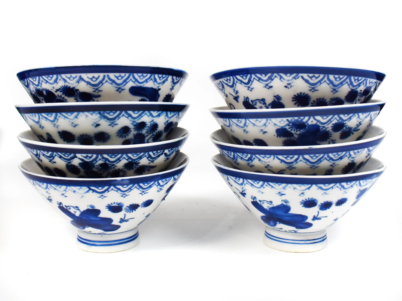 Mid-Century Sometsuke Japanese White & Blue Footed Rice Bowls - Set of 8 - 7