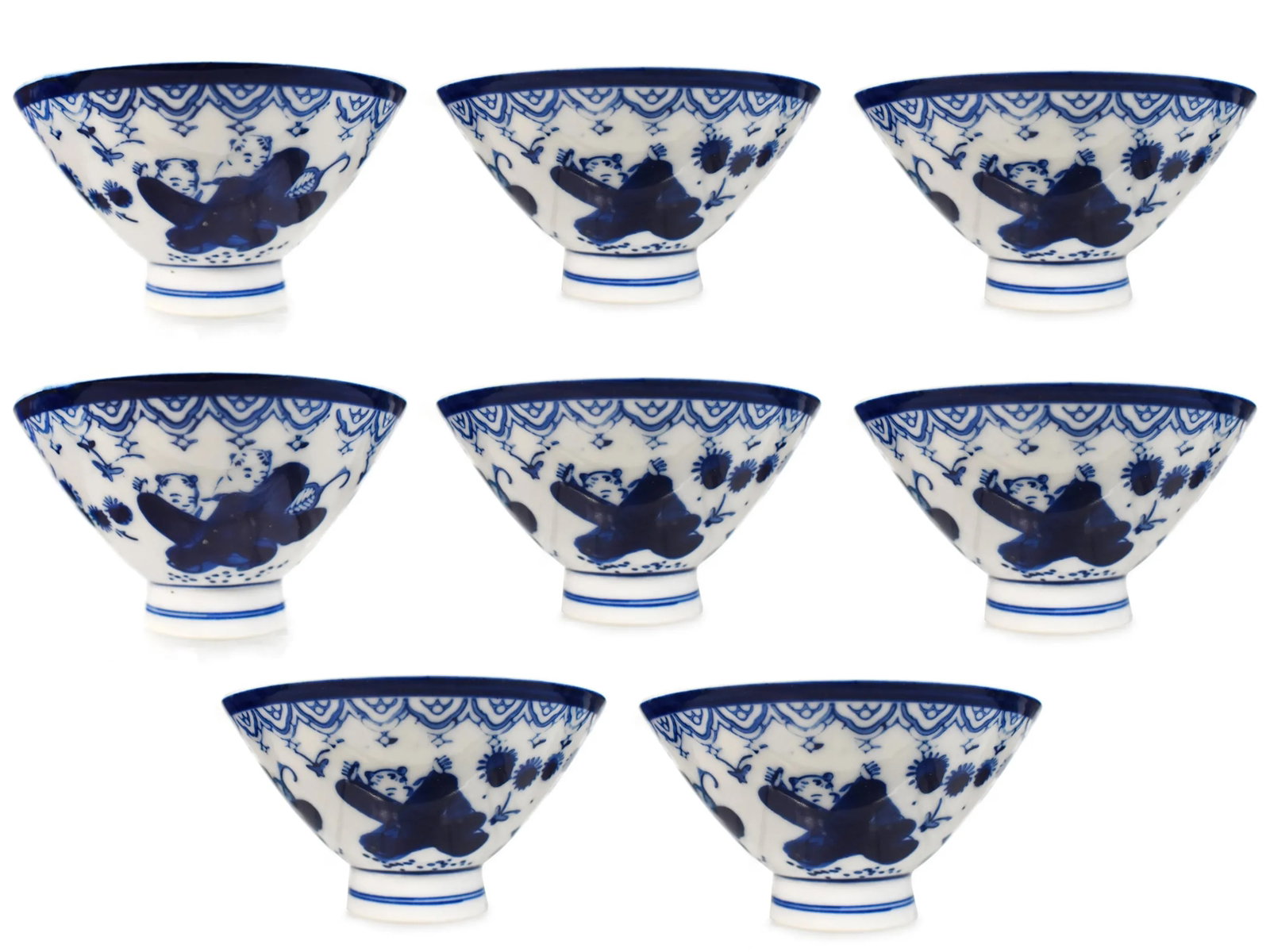 Mid-Century Sometsuke Japanese White & Blue Footed Rice Bowls - Set of 8 - 8