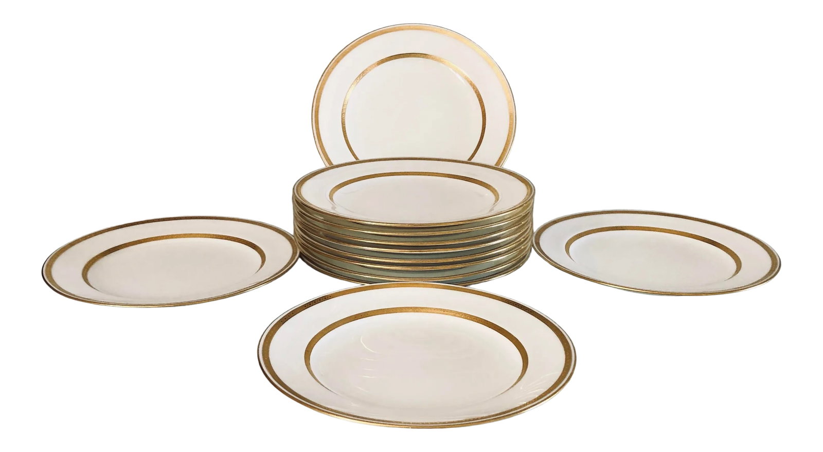 Vintage Mintons Higgins & Seiter Bone English China Plates S /12: Vintage set of 8 gold band with off white salad or dessert plates 7.75"D , Makers mark reads" MINTONS Higgins & Seiter BONE CHINA ENGLAND" No chips or crack 11 plates are in they are in excellent cond