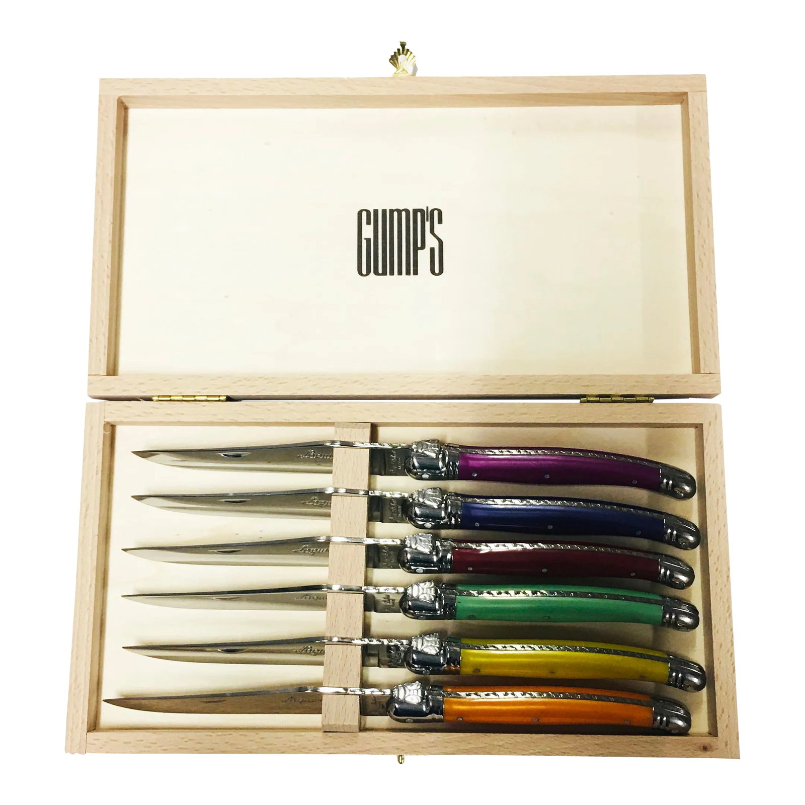 Contemporary Jean Dubost Laguoile Stainless Steel Steak Knives - Set of 7: Jean Dubost Laguoile Stainless Steel Steak Knife Set, with multi color handles brand new in wood presentation box. Condition: Alterations: Original Condition Unaltered Imperfections: Some