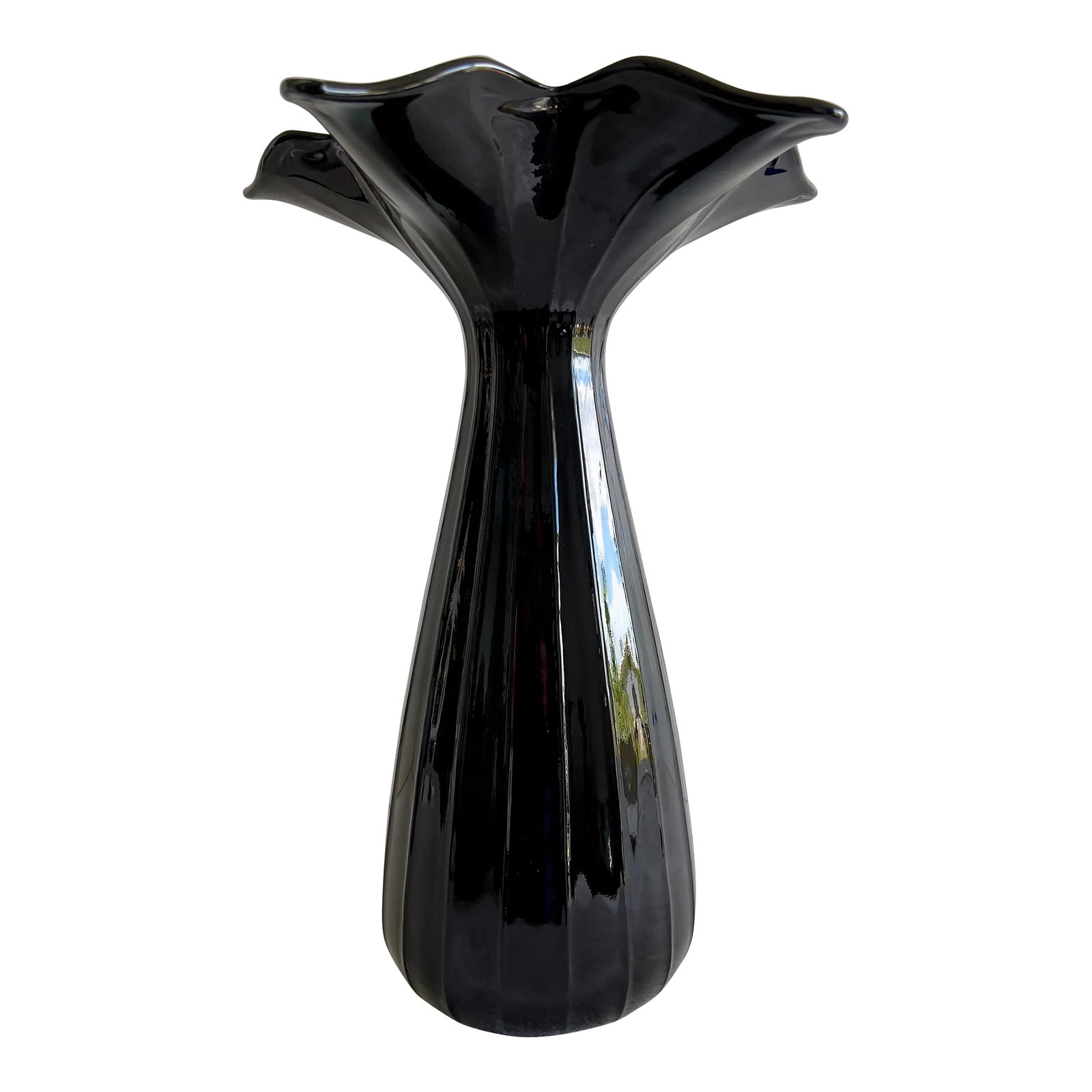 Mid-Century Modern Flared Tall Black Glass Vase: This is an exquisite and unusual tall black glass vase with a flared top. It will fit perfectly into mid-century or art deco interiors. This vase is large and weighty enough to be used in hospitality