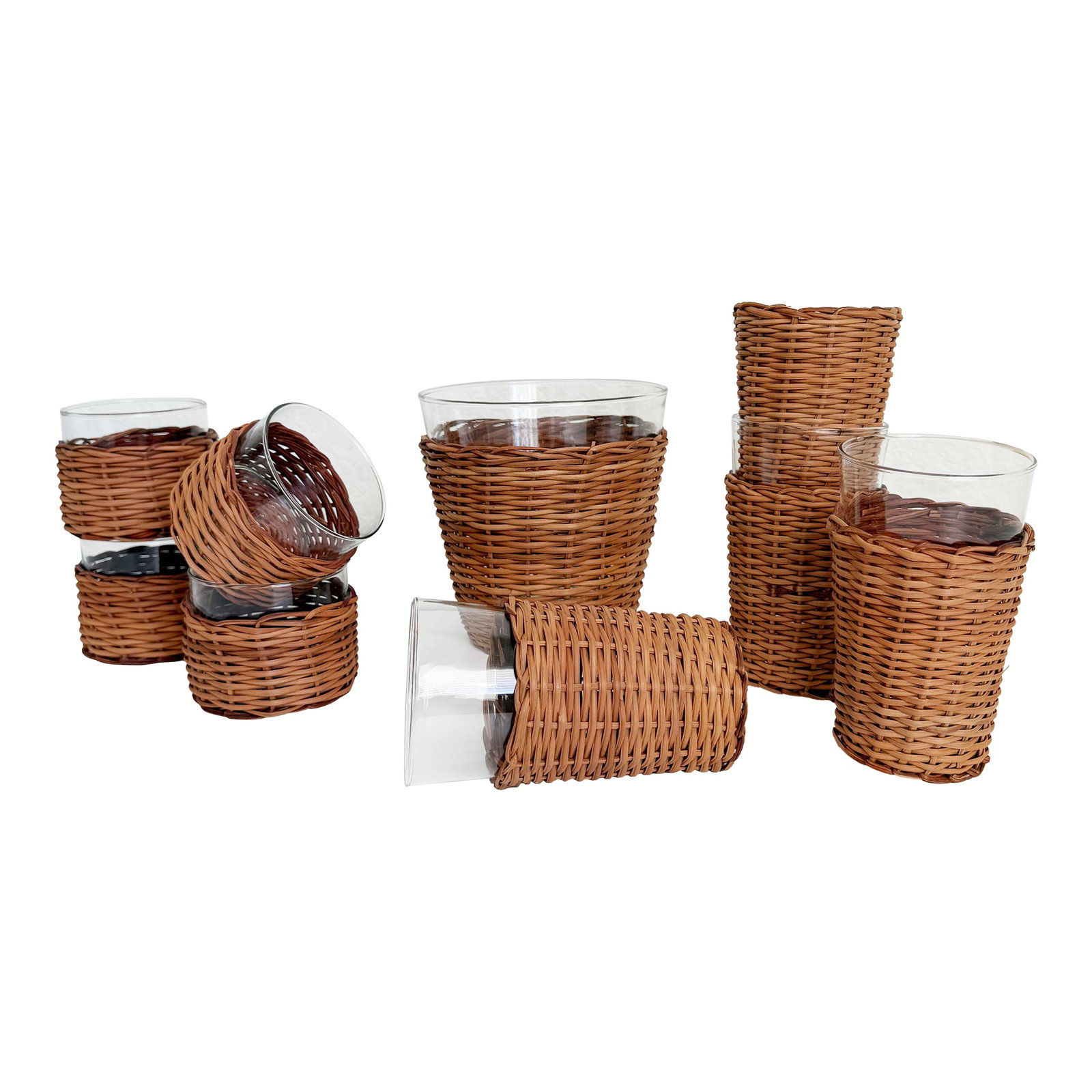Vintage Wicker & Glass Drink Set, Ice Bucket & 8 Glasses (1 of 8)