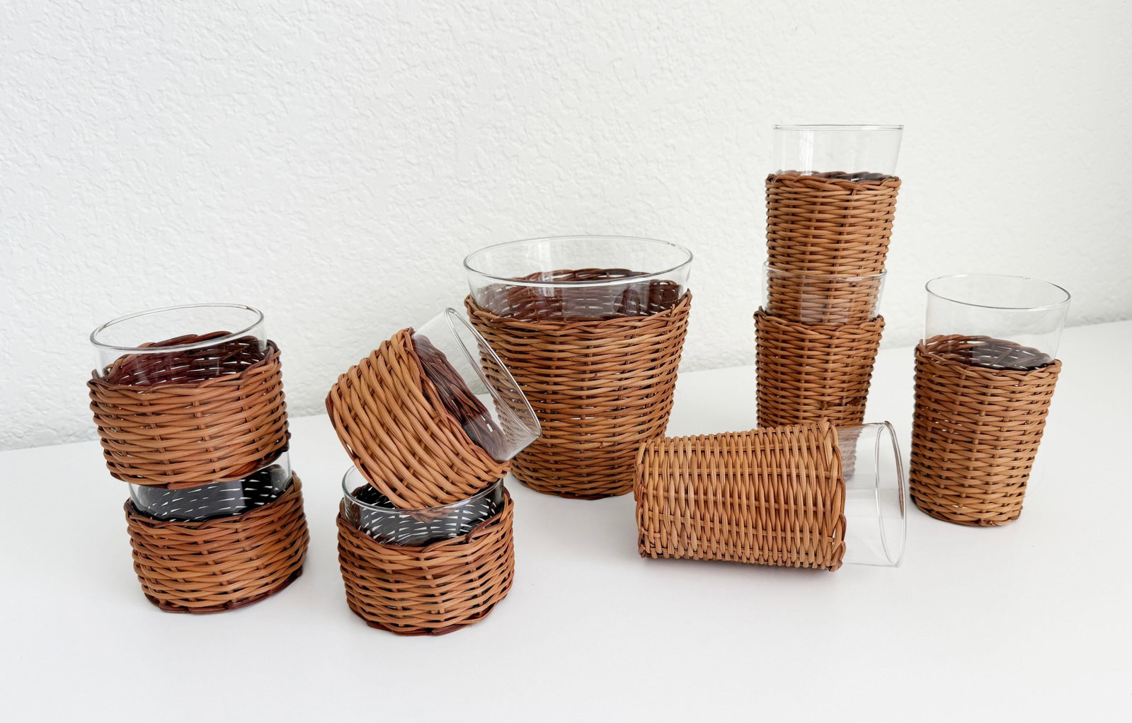 Vintage Wicker & Glass Drink Set, Ice Bucket & 8 Glasses - 6