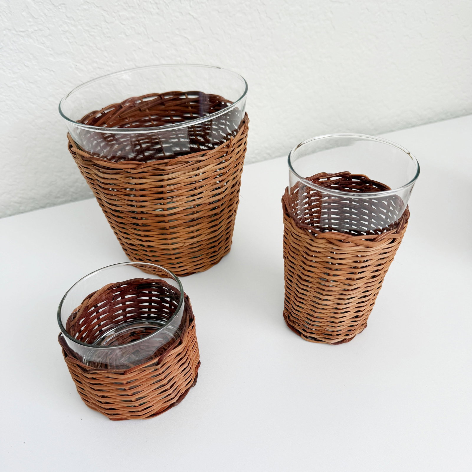 Vintage Wicker & Glass Drink Set, Ice Bucket & 8 Glasses - 8