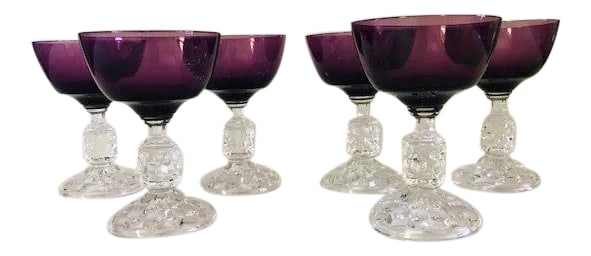Vintage Fostoria Purple & Clear Cocktail Glasses S/6: 70's Vintage set of 6 Clear and Purple Cocktail Glasses , No makers mark knowing to be Fostoria Glass Company. They are in excellent condition. 2.75" X 3.90"H Condition: Alterations: Original