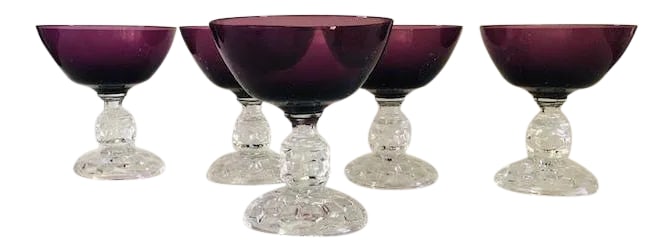 Vintage Fostoria Purple & Clear Cocktail Glasses S/5: 70's Vintage set of 5 Clear and Purple Cocktail Glasses , No makers mark knowing to be Fostoria Glass Company. They are in excellent condition. 3.75" X 4.25"H Condition: Alterations: Original