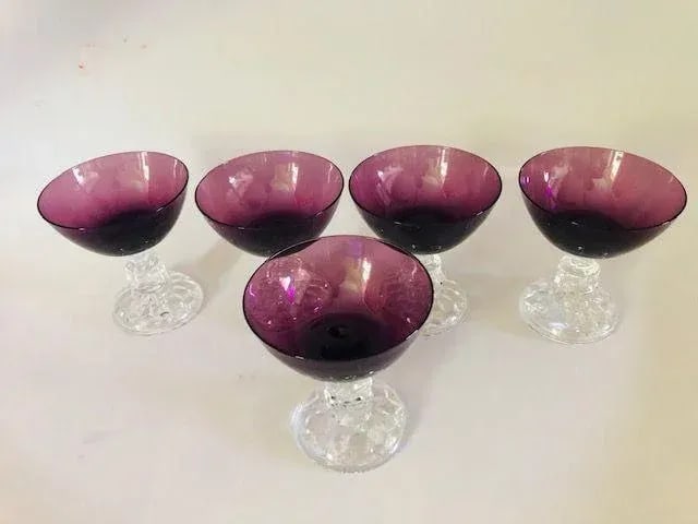 Vintage Fostoria Purple & Clear Cocktail Glasses S/5 - 2