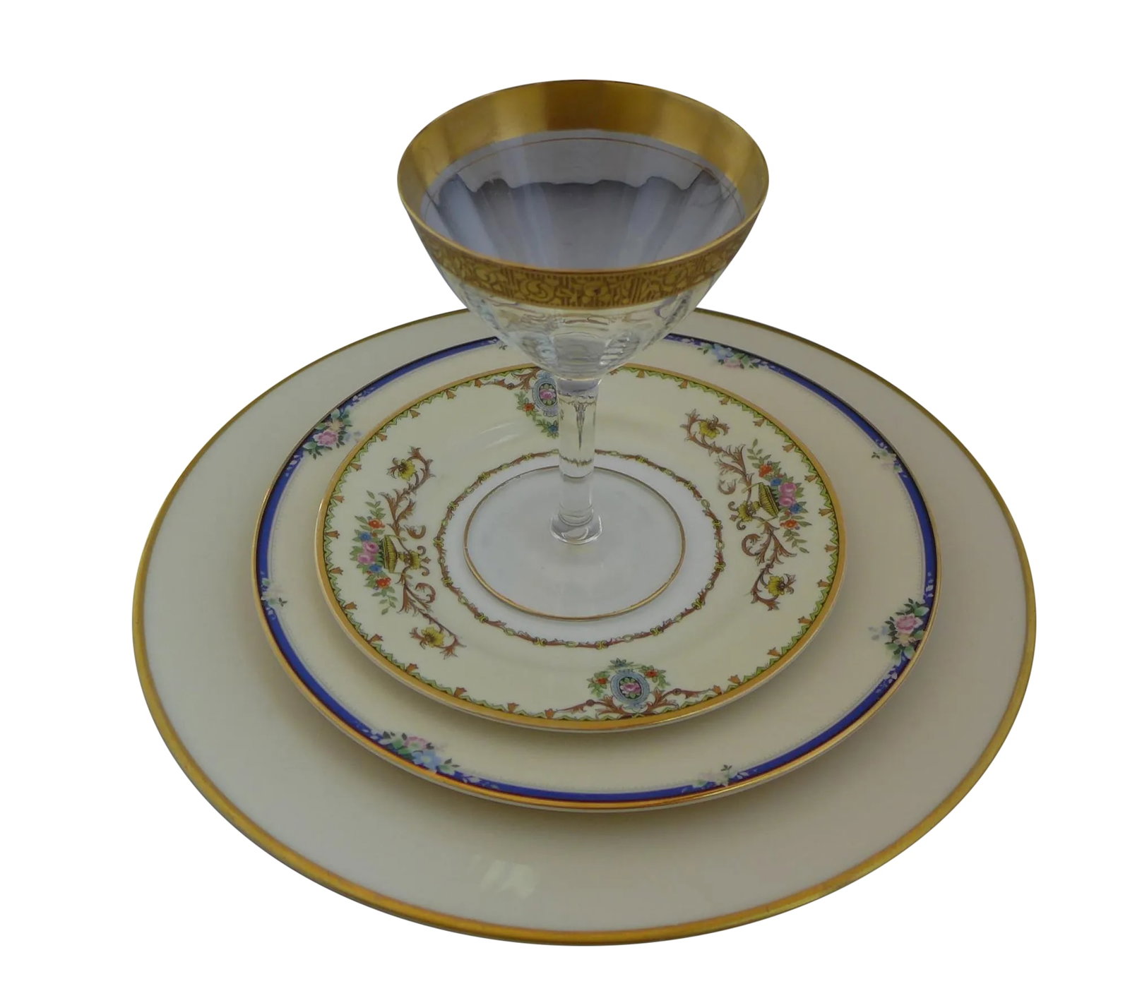Vintage Mismatched Dinner Settings - Set of 4: Set of 4 pieces vintage mismatched elegant dinner setting design with fine china and crystal wine glass for you or your guest. Gorham Dinner Plate with gold rim 10.75"D minor wear on rim. Mikasa Salad