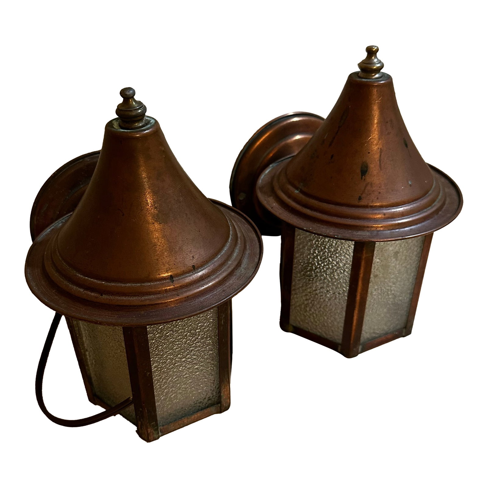 Vintage Arts and Crafts Copper Wall Sconces - a Pair: Old Lights On is pleased to offer this vintage pair of copper wall sconces. They are wired and ready to install. We ship everywhere. Great original finish. Ideal for inside or out. Mounting hardware i