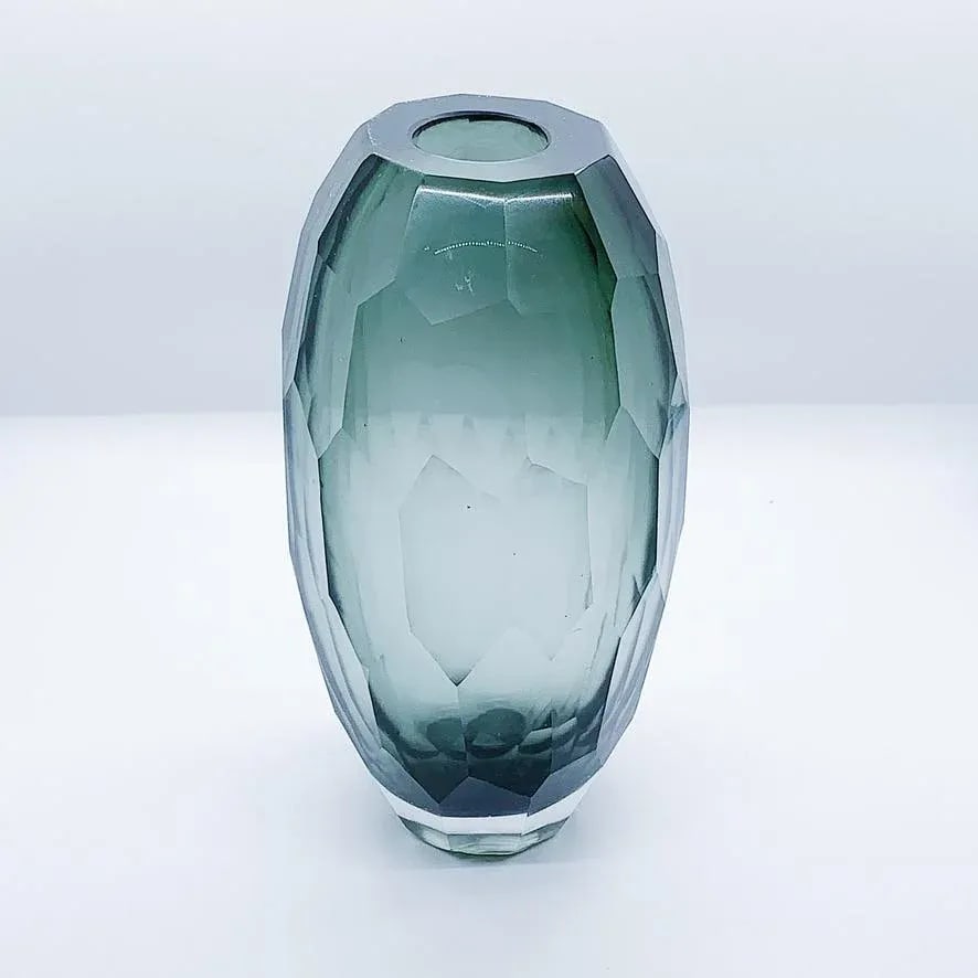 Vintage Late 20th Century Hand Cut Glass Vase in Slate Blue Gray - 2
