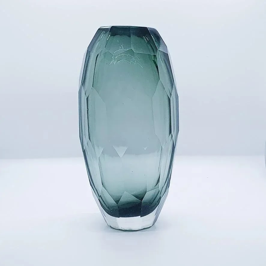 Vintage Late 20th Century Hand Cut Glass Vase in Slate Blue Gray - 4