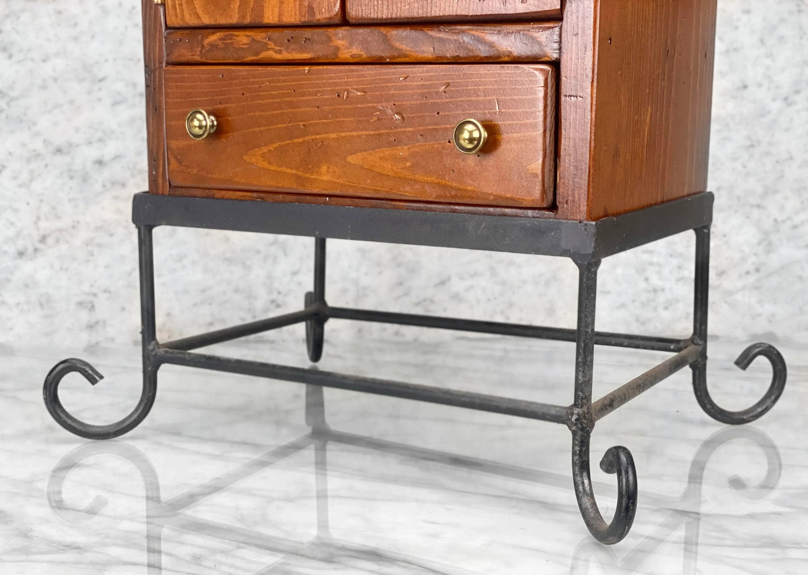 Vintage Farmhouse Pine Bonnet Chest Storage Box W/ Wrought Iron Stand - 10