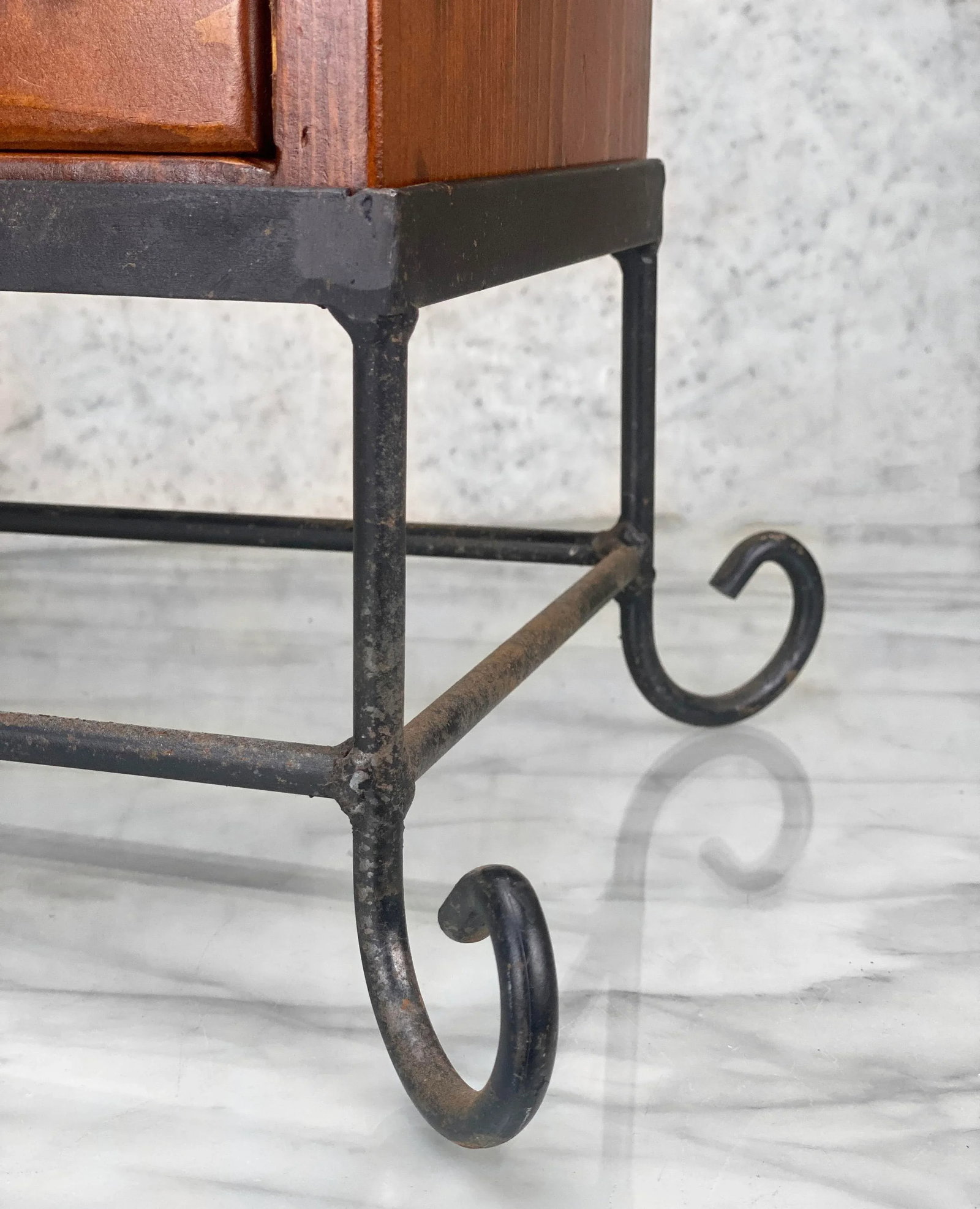 Vintage Farmhouse Pine Bonnet Chest Storage Box W/ Wrought Iron Stand - 11