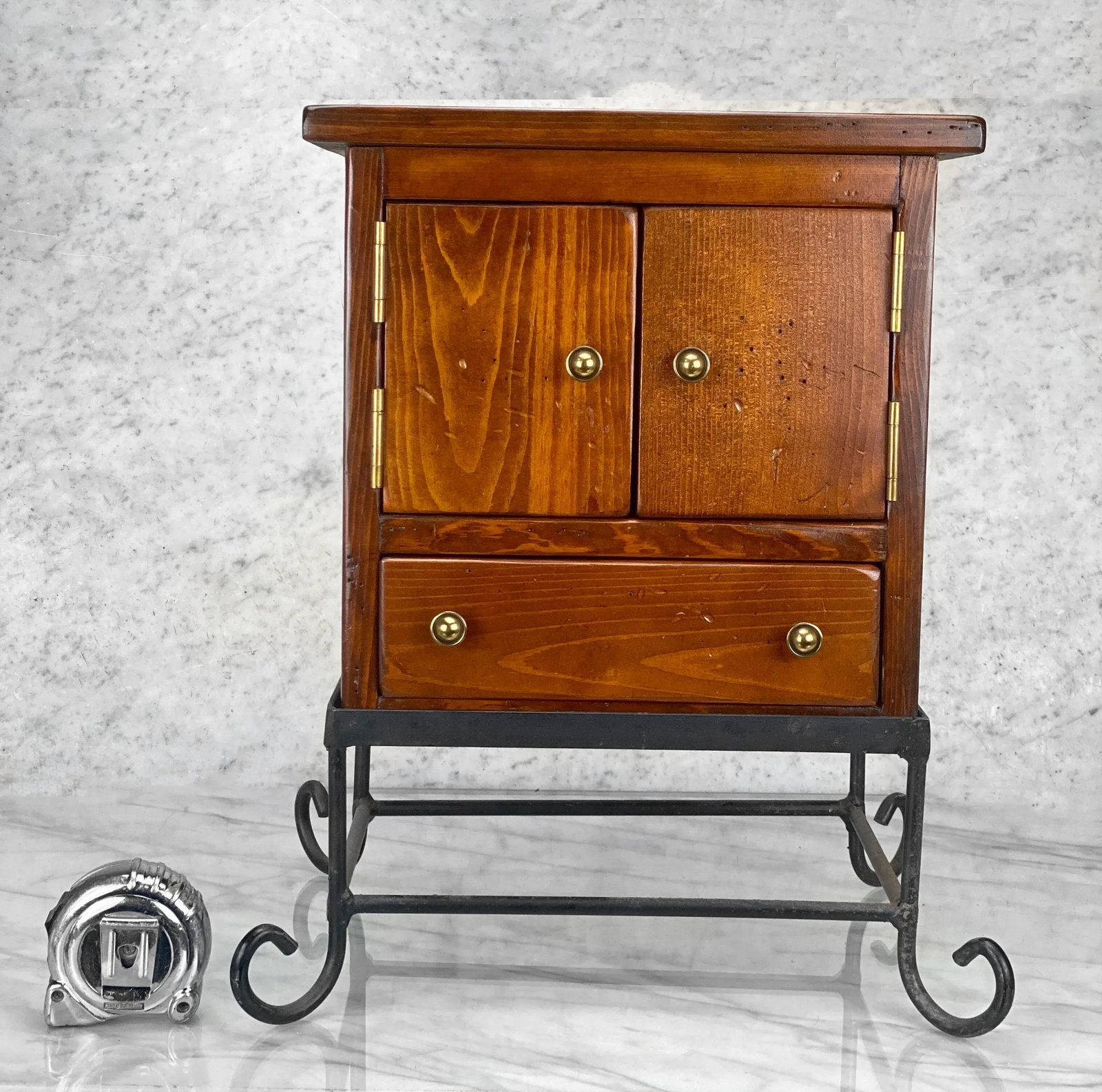 Vintage Farmhouse Pine Bonnet Chest Storage Box W/ Wrought Iron Stand - 2