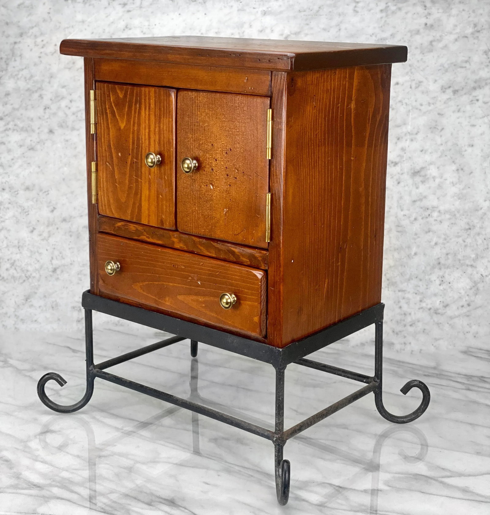 Vintage Farmhouse Pine Bonnet Chest Storage Box W/ Wrought Iron Stand - 3