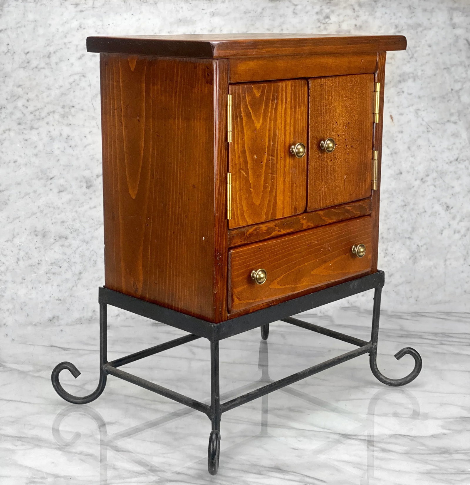 Vintage Farmhouse Pine Bonnet Chest Storage Box W/ Wrought Iron Stand - 4